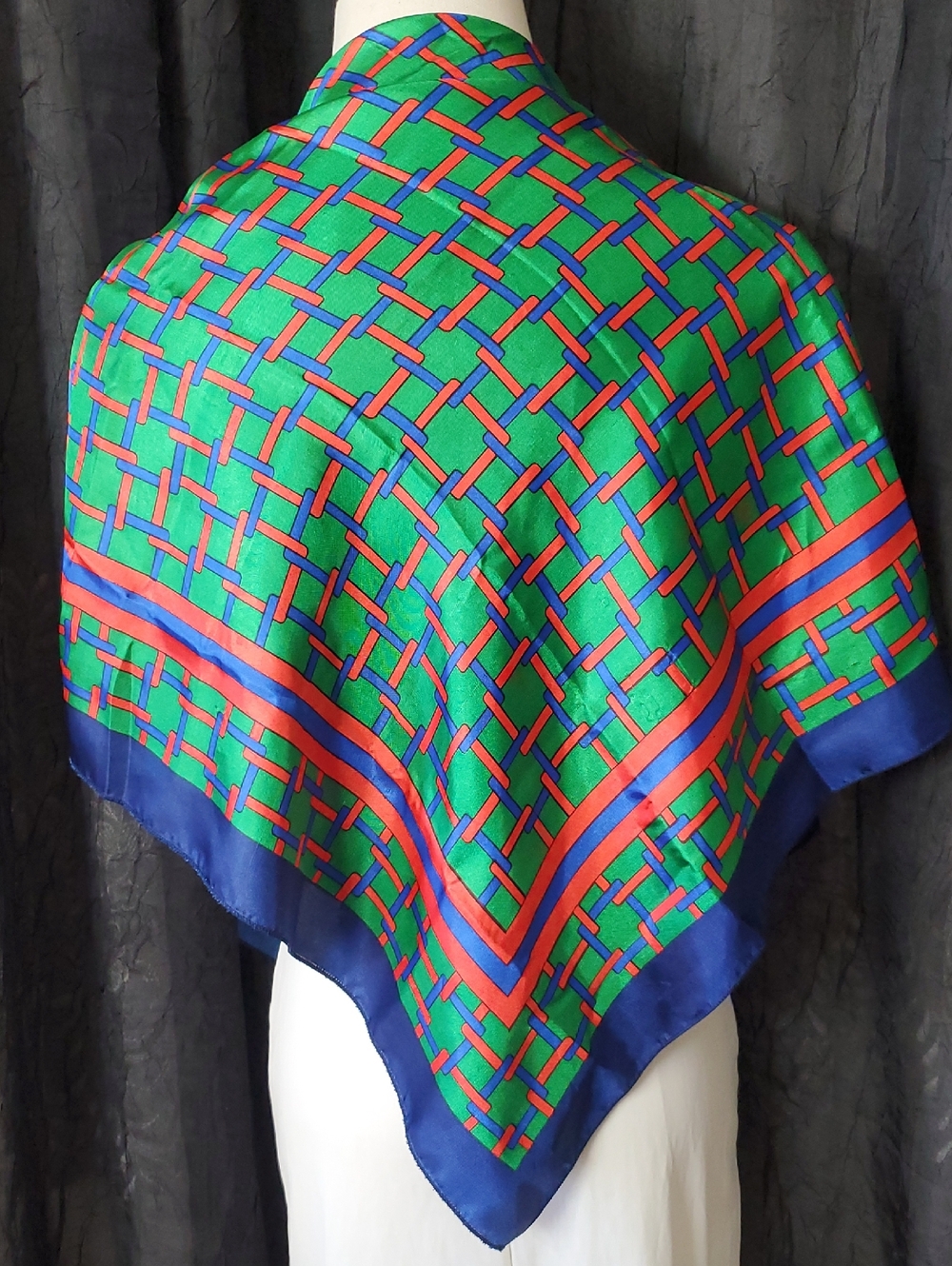 Vintage Satin Scarf GEOMETRIC ART Blue Green Red LARGE SQUARE 35"